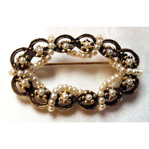 Art Nouveau Style Brooch Faux Seed Pearls Oval Goldtone Granny Victorian Goth - Picture 1 of 6